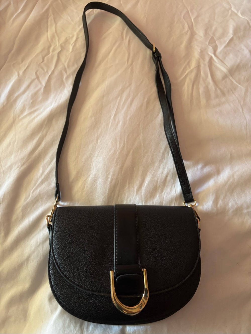 Classic Black Crossbody Saddle Bag with Gold Hardware